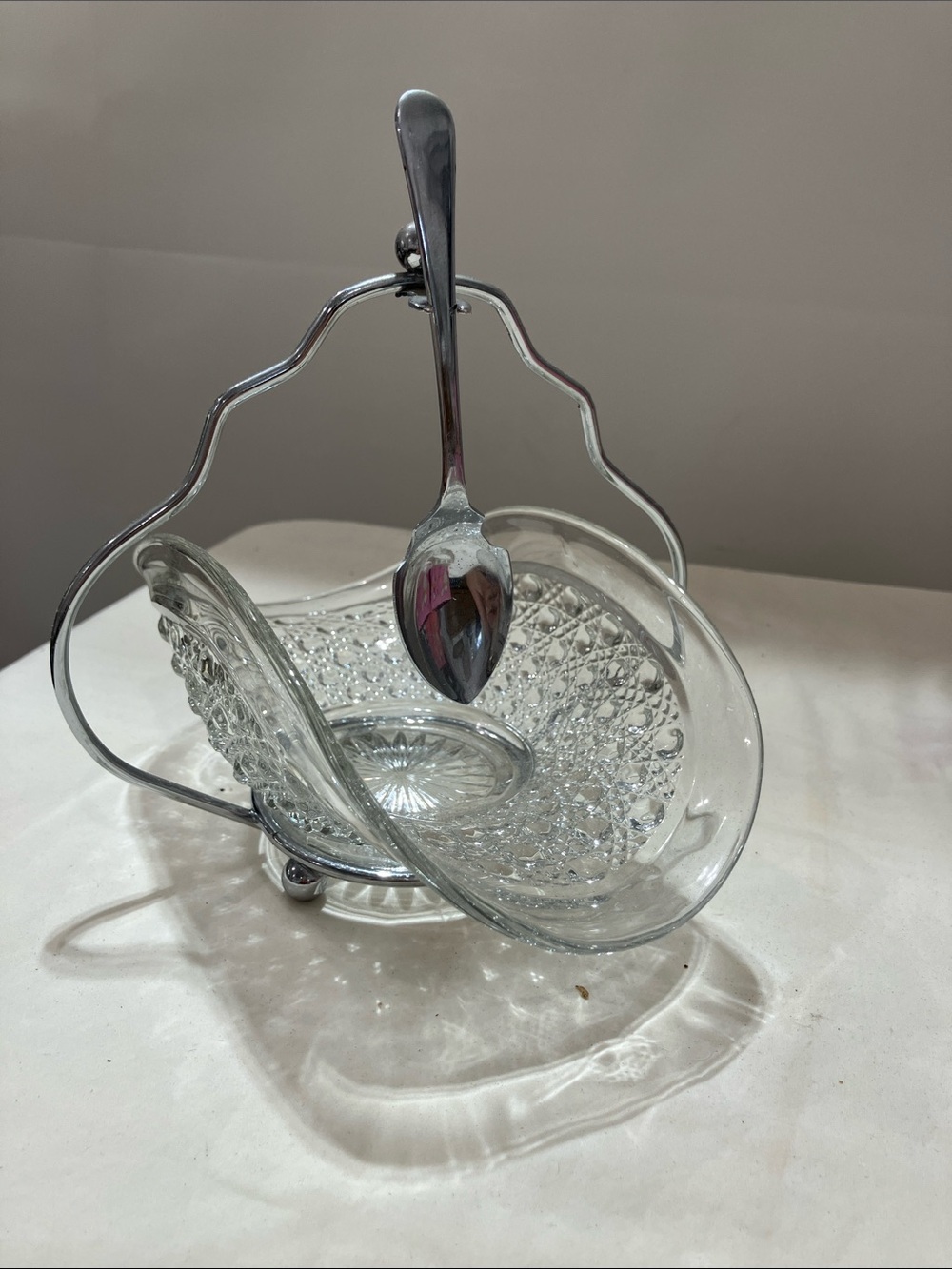 Vintage Sheffield England Glass Jam Dish with Footed Stand and Spoon